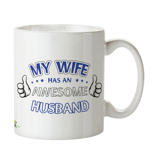 Kruzroyal Funny Husband Mug, My Wife Has an Awesome Husband Design with Thumbs Up, Novelty Gift for Him, Men or Dad, White Ceramic Coffee Cup, 11 oz