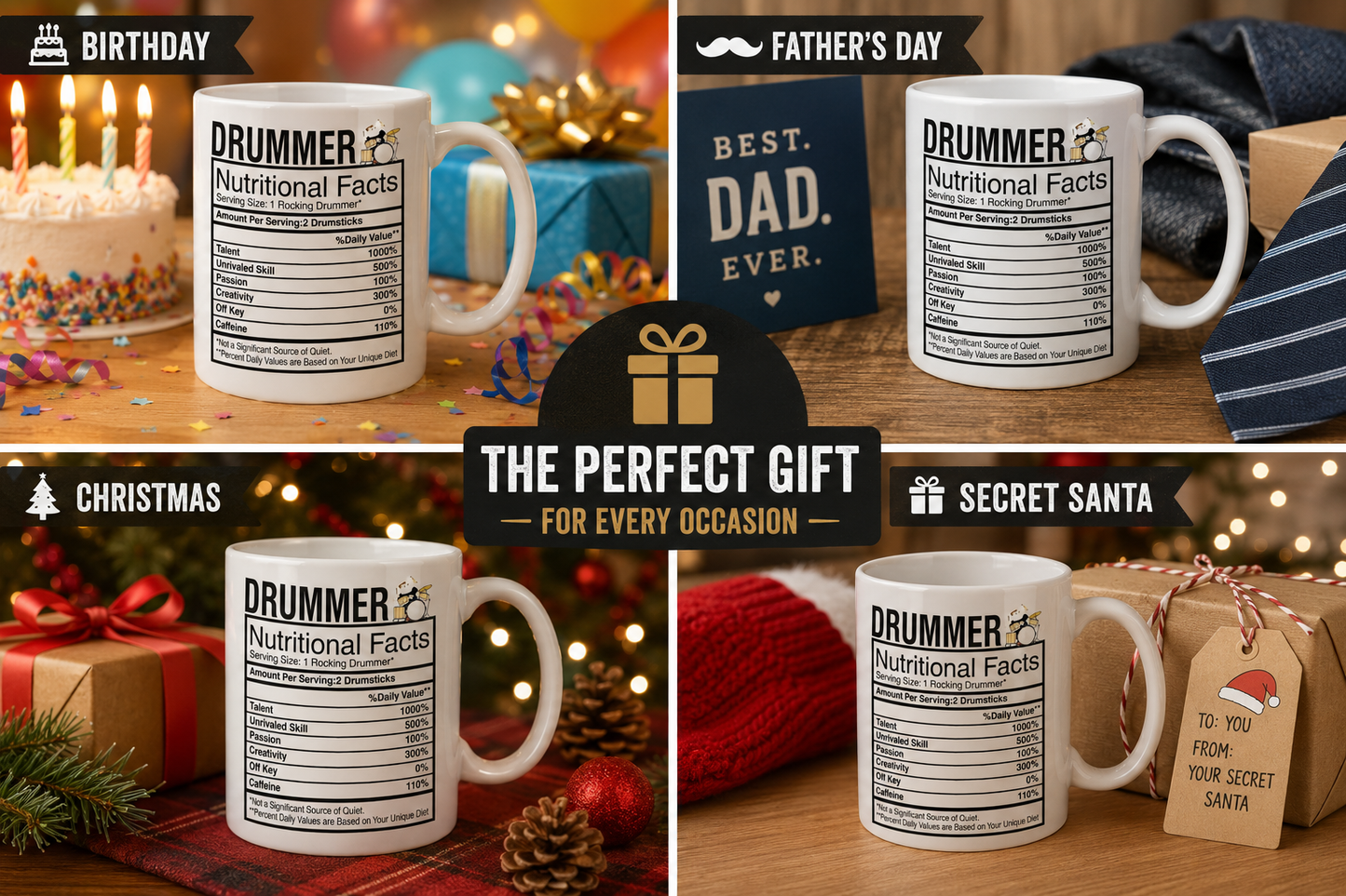 Kruzroyal Drummer Mug Gift for Men & Dad - Funny Nutritional Facts 11oz Ceramic Coffee Cup - Music Gifts for Drummers & Musicians