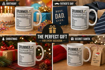 Kruzroyal Drummer Mug Gift for Men & Dad - Funny Nutritional Facts 11oz Ceramic Coffee Cup - Music Gifts for Drummers & Musicians
