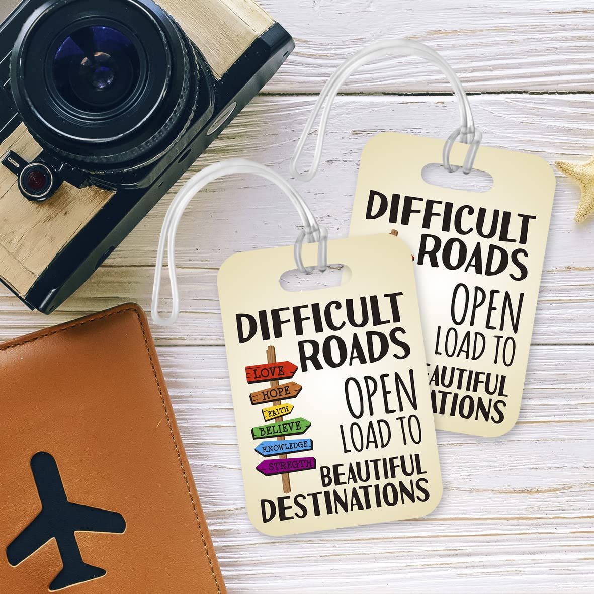 LT190 Difficult Roads Open Load to Beautiful Destinations Novelty Funny Unique Designer Gift Glossy Plastic Suitcase Luggage Tag