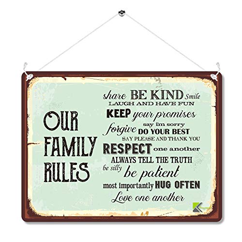 Kruzroyal Our Family Rules Metal Wall Sign, Inspirational Retro Home Decor Plaque, Heartwarming Vintage Tin Sign for Living Room or Kitchen, 20x15cm with Hanging String Included