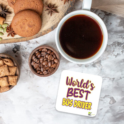 WB078 World's Best Bus Driver MDF Wooden Coaster by Kruzroyal | Gift for Bus Driver | Unique Novelty Present | 9cm x 9cm | Coffee Tea MDF Wooden Coaster