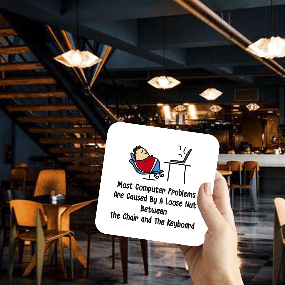 CS438 Most computer problem are caused by a loose nut between the chair and the keyboard Novelty Funny Coffee Tea Drink Gift Glossy MDF Wooden Coaster | Gifts for Tech Support, Dad, Men, Colleagues