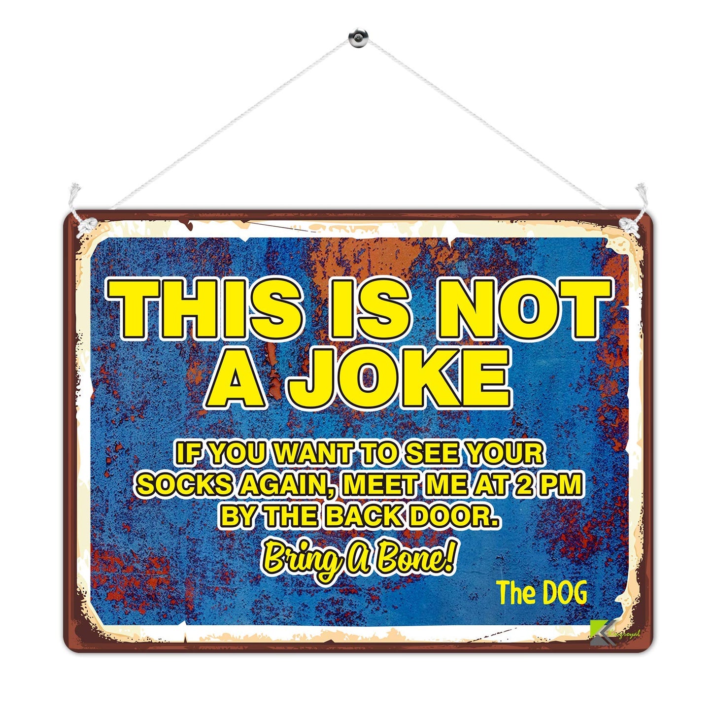 Kruzroyal MP419 This is not a joke, if you want to see your socks again, meet me at 2pm by the back door. The Dog Funny Novelty Retro Vintage Metal Wall Sign Plaque 20cm x 15cm