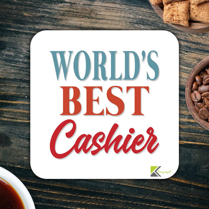 WB079 World's Best Cashier MDF Wooden Coaster by Kruzroyal | Gift for Cashier | Unique Novelty Present | 9cm x 9cm | Coffee Tea MDF Wooden Coaster
