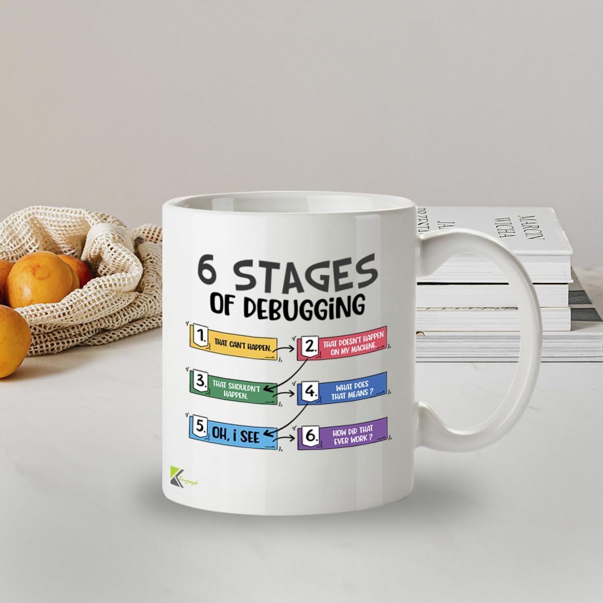 Kruzroyal Funny Programmer Mug 6 Stages of Debugging - 11oz Ceramic Coffee Tea Cup Gift for Developers Coders Software Engineers - Dishwasher Microwave Safe Tech Novelty Present