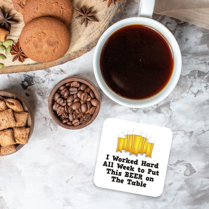 CS533 I Worked Hard All Week to Put This Beer on The Table Novelty Funny Coffee Tea Drink Gift Glossy MDF Wooden Coaster