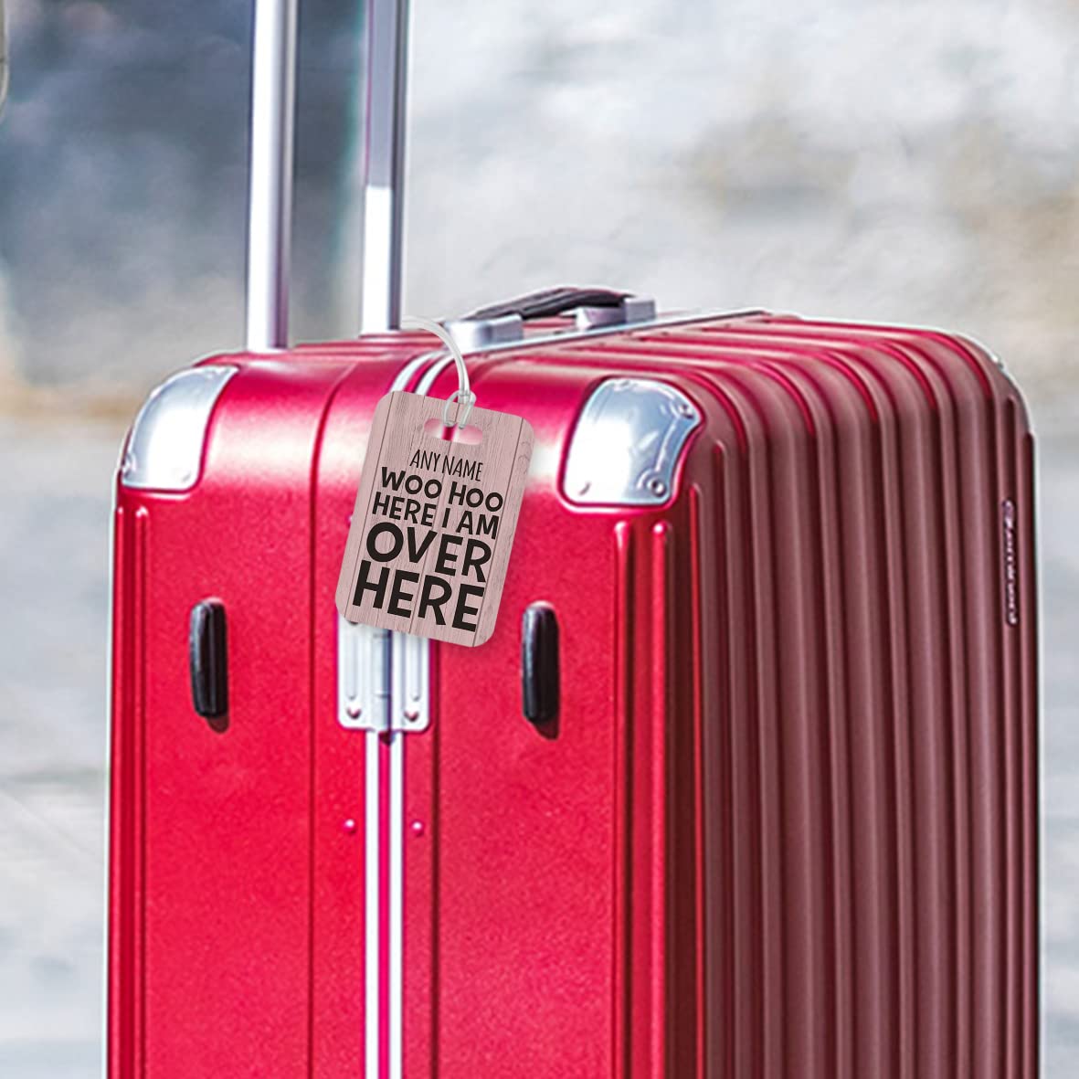 PLT237 Personalised Name WOO HOO HERE I AM Over HERE Novelty Funny Unique Designer Gift Glossy Plastic Suitcase Luggage Tag