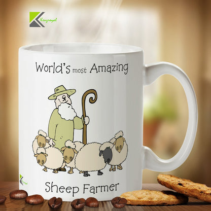 Kruzroyal World's Most Amazing Sheep Farmer Mug, Funny Farming Design, Novelty Agriculture Gift for Dad, Husband or Farm Owner, White Ceramic Coffee Cup, 11 oz