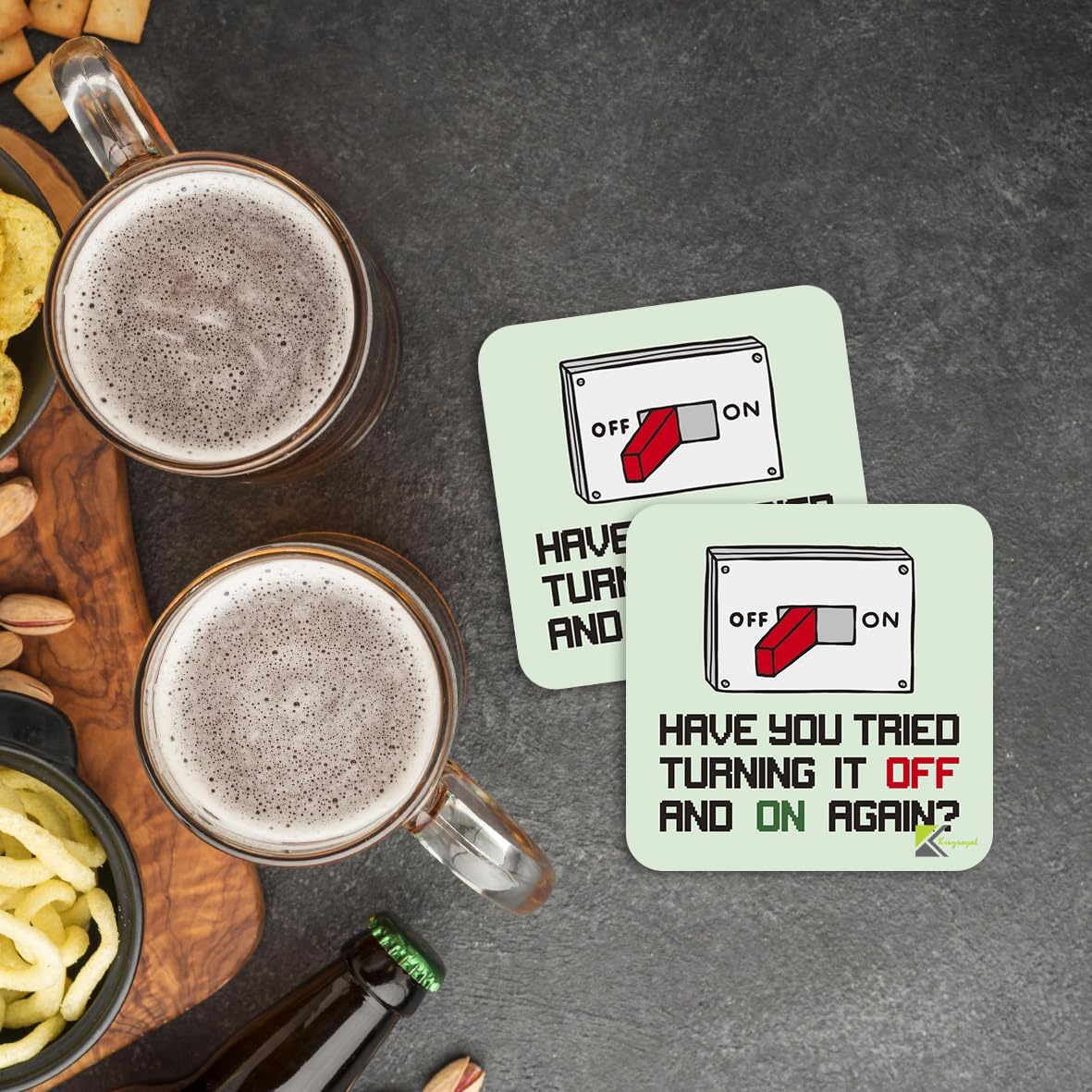 CS070 Have you tried turning it off and on again? Novelty Funny Coffee Tea Gift Glossy MDF Wooden Coaster | Gifts for Tech Support, Dad, Men, Colleagues – MDF Drink Mat – Fathers Day & Geek Present