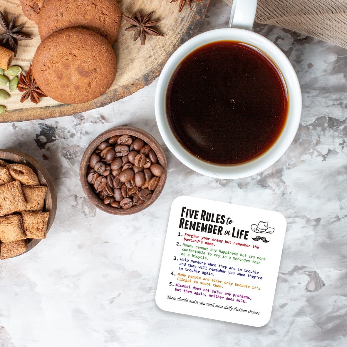 CS597 Five rules to remember in life Novelty Funny Coffee Tea Drink Gift Glossy MDF Wooden Coaster | Gifts for Dad, Him, Colleague – Sarcastic Wooden Drink Mat – Birthday, Fathers Day & Gag Gift