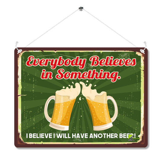 Kruzroyal Funny Beer Metal Wall Sign, Believe In Another Beer Novelty Plaque Gift, Humorous Retro Vintage Tin Decor for Home Bar or Pub, 20x15cm with Hanging String