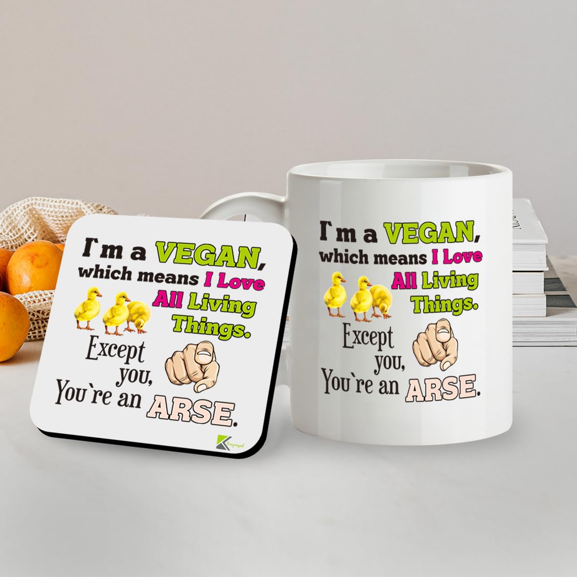 Kruzroyal SM066 I'm a Vegan, which Means i Love All Living Things. Except You, You're an ar*e - 11OZ Mug & Matching Coaster Set for Vegan