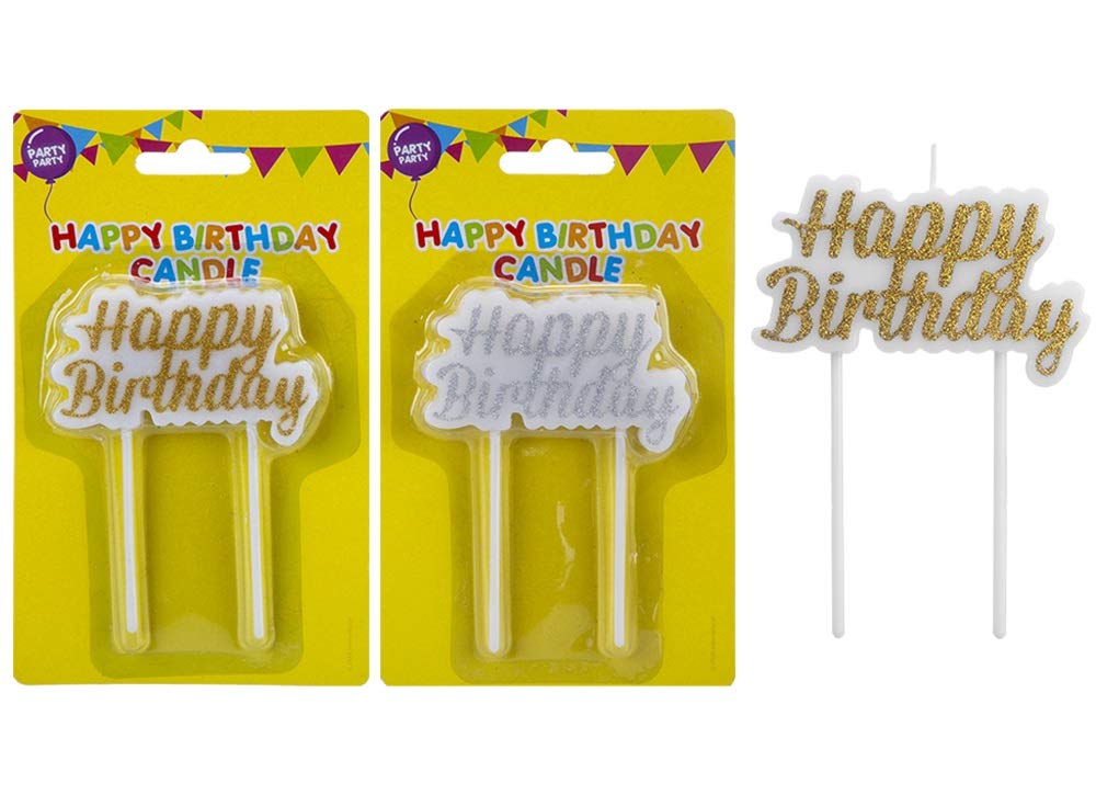 Glitter Happy Birthday Written Candle Golden/Silver Assorted