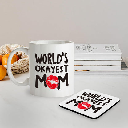 Kruzroyal SM070 World's Okayest Mom - Ceramic Tea Coffee 11OZ Mug & Matching Coaster Set for Mom Mum Aunty Grandma