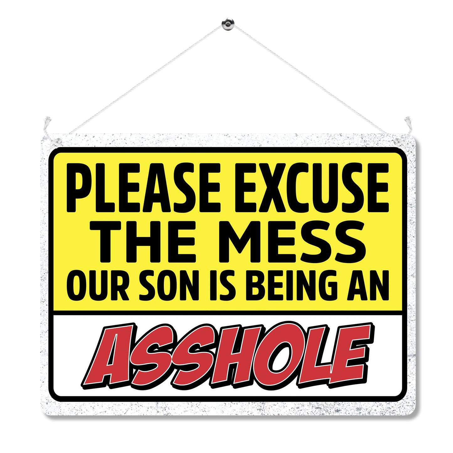 Kruzroyal MP490 Please excuse the mess our son is being an as*hole Funny Novelty Retro Vintage Metal Wall Sign Plaque 20cm x 15cm