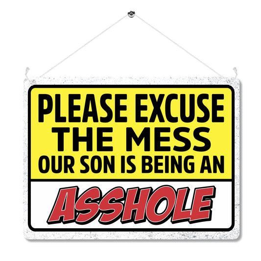 Kruzroyal MP490 Please excuse the mess our son is being an as*hole Funny Novelty Retro Vintage Metal Wall Sign Plaque 20cm x 15cm