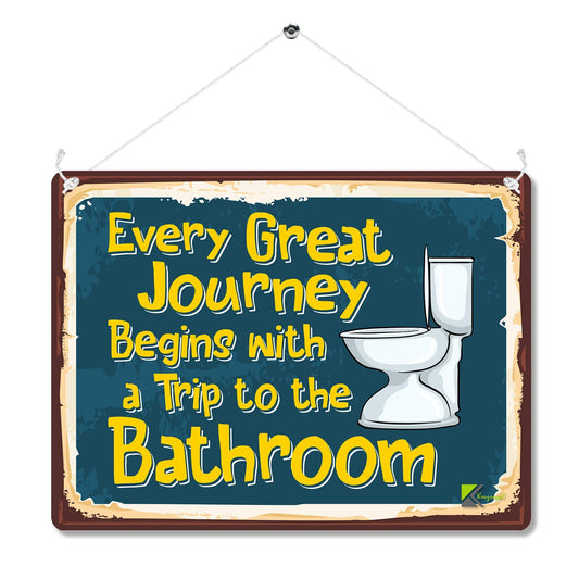 Kruzroyal Funny Bathroom Metal Wall Sign, Every Great Journey Begins With A Trip To The Bathroom Plaque Gift, Humorous Retro Vintage Tin Decor for Home Loo or Toilet, 20x15cm