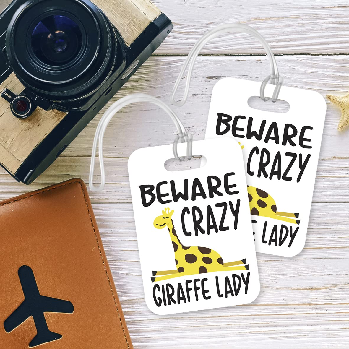 LT122 Beware Crazy Giraffe Lady Novelty Funny Unique Designer Gift Glossy Plastic Suitcase Luggage Tag