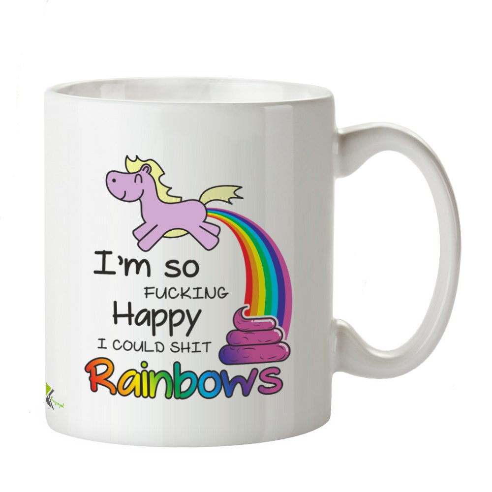 Kruzroyal Sassy Unicorn Mug, I'm So F*cking Happy I Could Sh*t Rainbows Design, Funny Novelty Gift for Best Friend, Coworker or Wife, White Ceramic, 11 oz