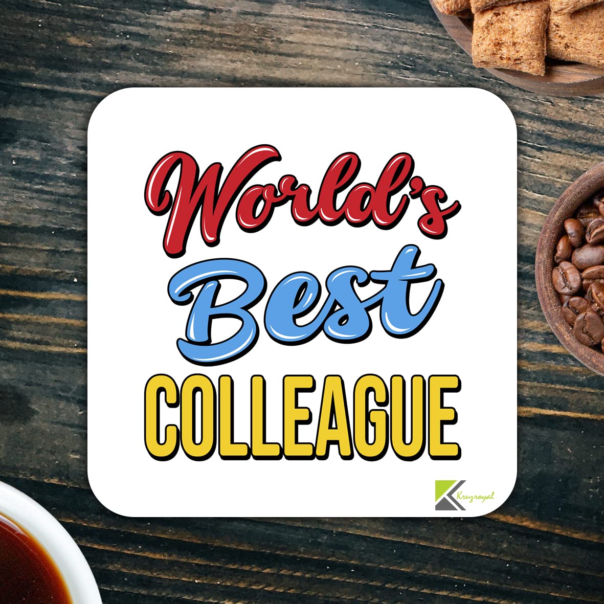 WB100 World's Best Colleague MDF Wooden Coaster by Kruzroyal | Gift for Colleague| Unique Novelty Present | 9cm x 9cm | Coffee Tea MDF Wooden Coaster
