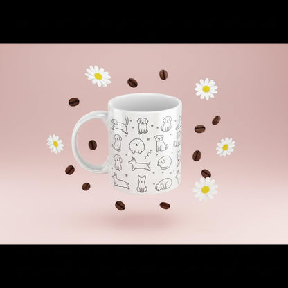 Kruzroyal Cute Dog Happy Doodle Pattern Ceramic Coffee Mug, White, 11oz, Novelty Gift for Dog Lovers
