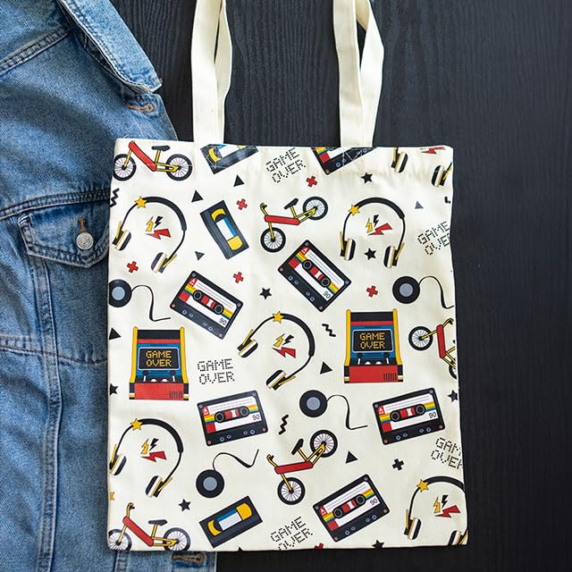 Something Different Wholesale Retro 80s Print Tote Bag | Polycotton Reusable Bag | Arcade & Cassette Print | Lightweight Shopping Bag | Nostalgic Gift | Hand Wash Only