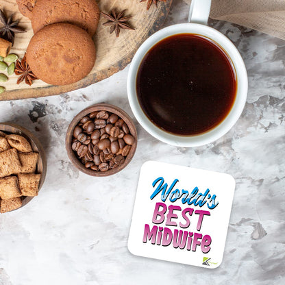 WB050 World's Best Midwife MDF Wooden Coaster by Kruzroyal | Gift for Midwife | Unique Novelty Present | 9cm x 9cm | Coffee Tea MDF Wooden Coaster