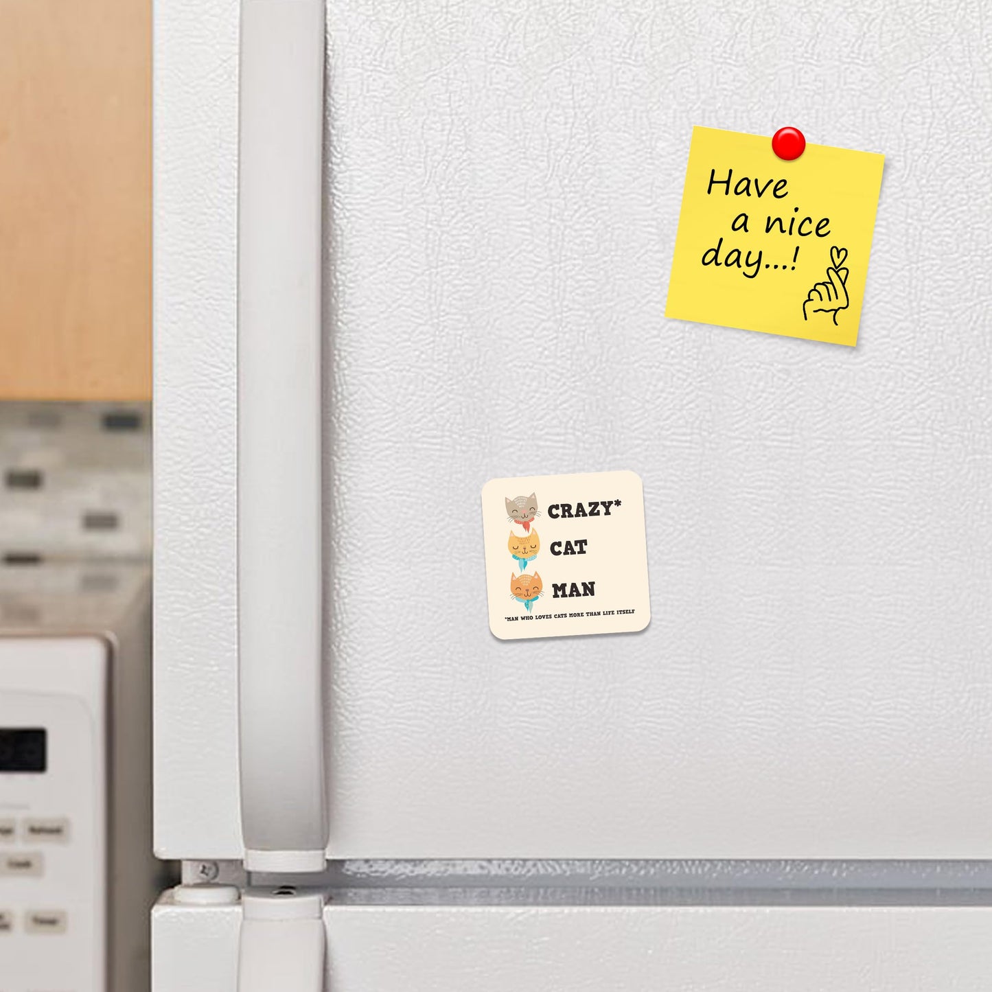 FM083 Crazy Cat Man/Man who loves cat more than life itself Novelty Funny Idea Glossy Metal Square Fridge Magnet