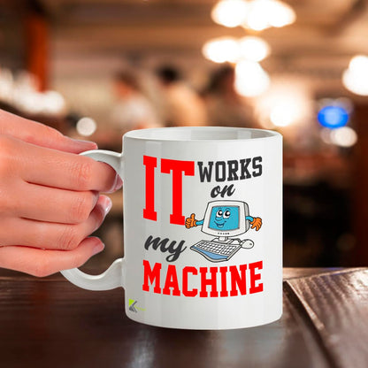 Kruzroyal DZ949 Funny IT Coffee Mug | 11oz White Ceramic Programmer Gift | It Works On My Machine Sarcastic Tech Humor Mug with Retro Computer Design