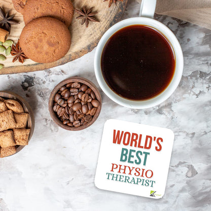WB071 World's Best Physiotherapist MDF Wooden Coaster by Kruzroyal | Gift for Physiotherapist | Unique Novelty Present | 9cm x 9cm | Coffee Tea MDF Wooden Coaster