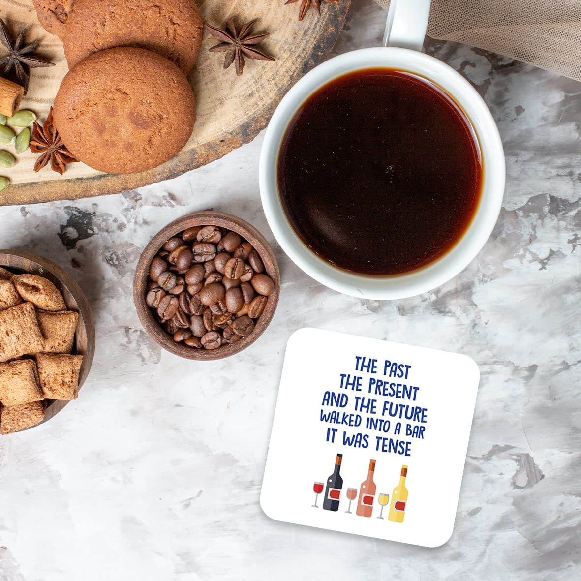 CS557 The Past,The presend and The Future Walked into a bar it was Tense. Novelty Funny Coffee Tea Drink Gift Glossy MDF Wooden Coaster
