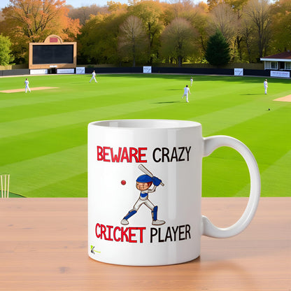 Kruzroyal "Beware Crazy Cricket Player Funny Mug - 11oz Ceramic Coffee Cup, Novelty Gift for Players, Fans, Men, Dad, Coach