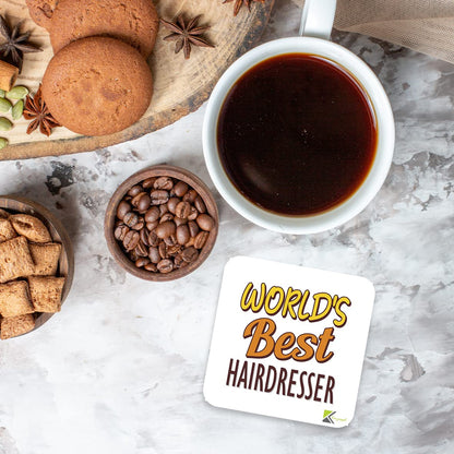 WB077 World's Best Hairdresser MDF Wooden Coaster by Kruzroyal | Gift for Hairdresser | Unique Novelty Present | 9cm x 9cm | Coffee Tea MDF Wooden Coaster