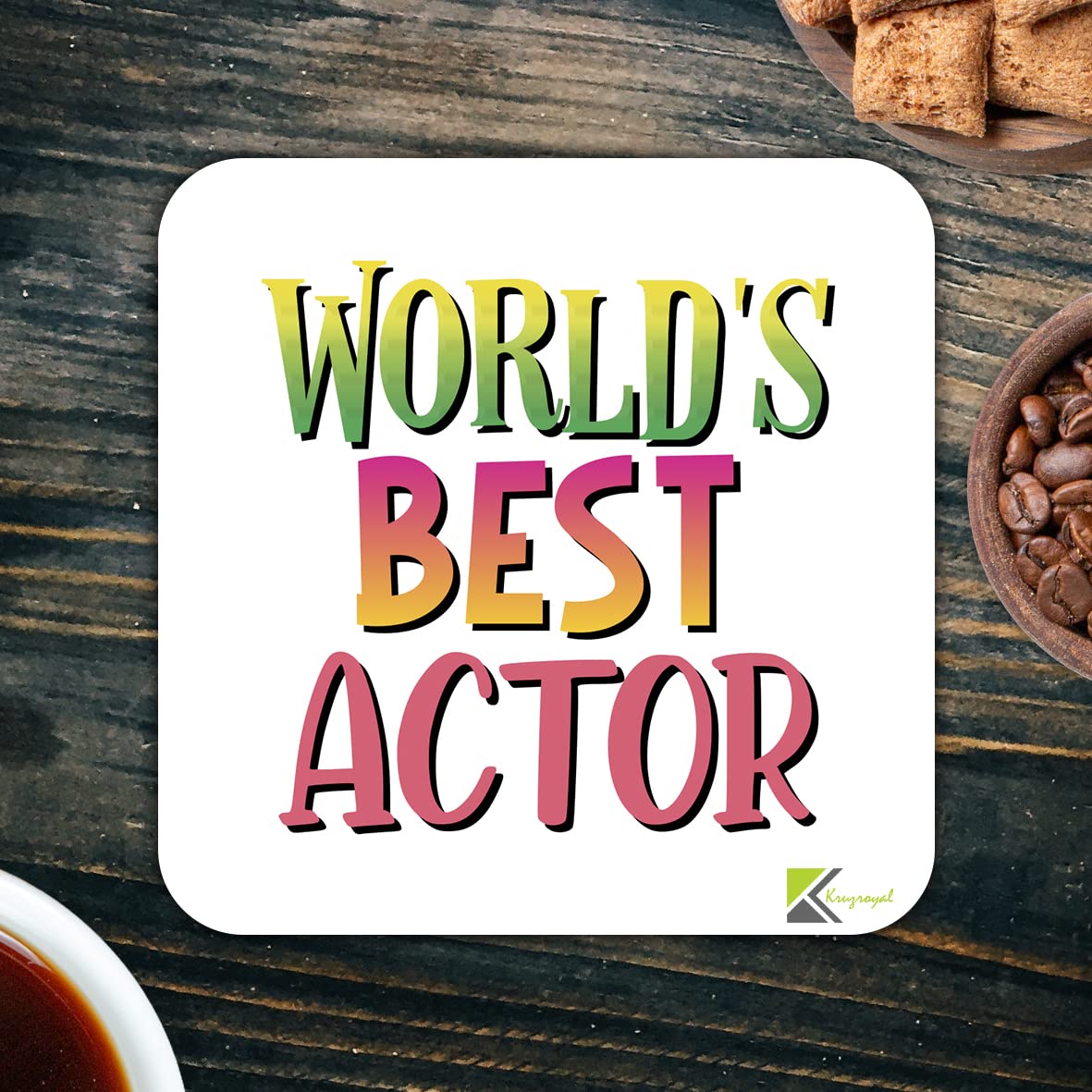 WB065 World's Best Actor MDF Wooden Coaster by Kruzroyal | Gift for Actor | Unique Novelty Present | 9cm x 9cm | Coffee Tea MDF Wooden Coaster