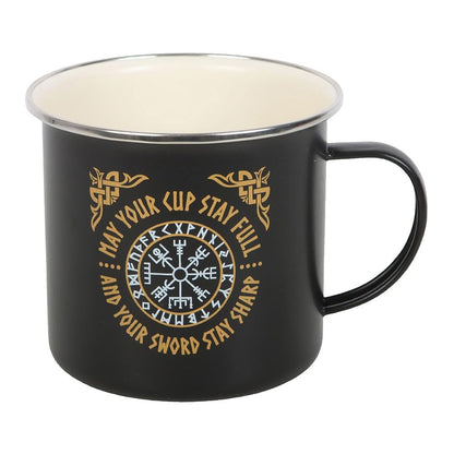 something different Metal Enamel Mug, 550ml, Black, Viking Vegvisir Compass Design, Norse Mythology Theme, Outdoor Adventure, Camping, Single Cup