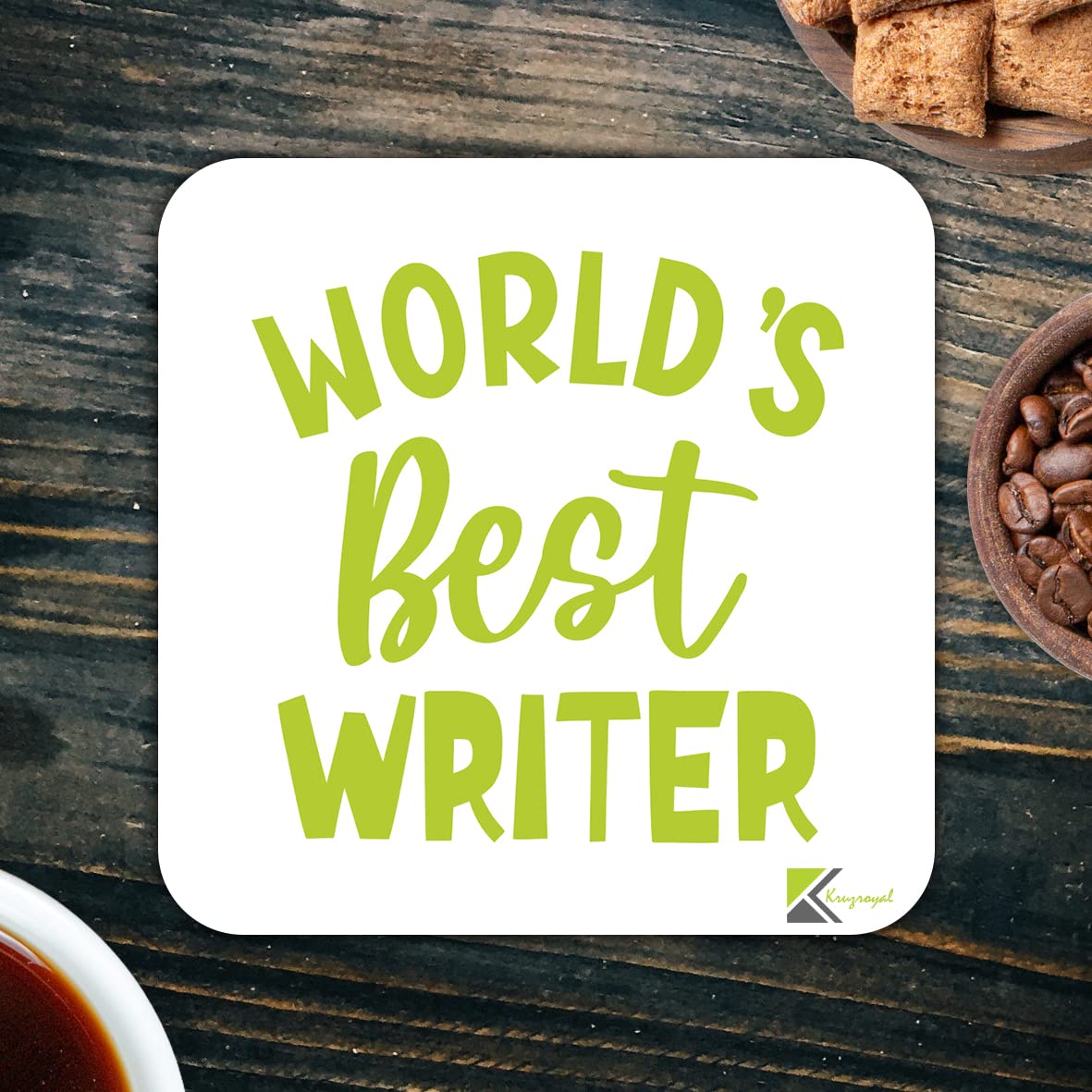 WB021 World's Best Writer MDF Wooden Coaster by Kruzroyal | Gift for Writer | Unique Novelty Present | 9cm x 9cm | Coffee Tea MDF Wooden Coaster