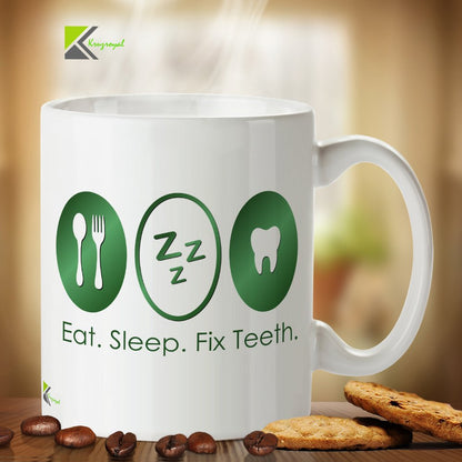 Kruzroyal Funny Dentist Mug, Eat Sleep Fix Teeth Design, Novelty Gift for Dental Nurse, Orthodontist or Hygienist, White Ceramic Coffee Cup, 11 oz