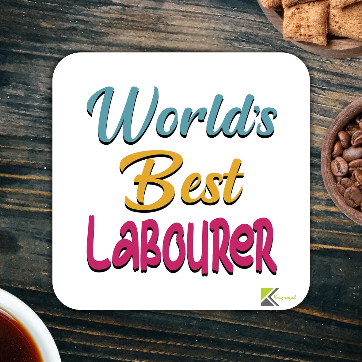 WB073 World's Best Labourer MDF Wooden Coaster by Kruzroyal | Gift for Labourer | Unique Novelty Present | 9cm x 9cm | Coffee Tea MDF Wooden Coaster