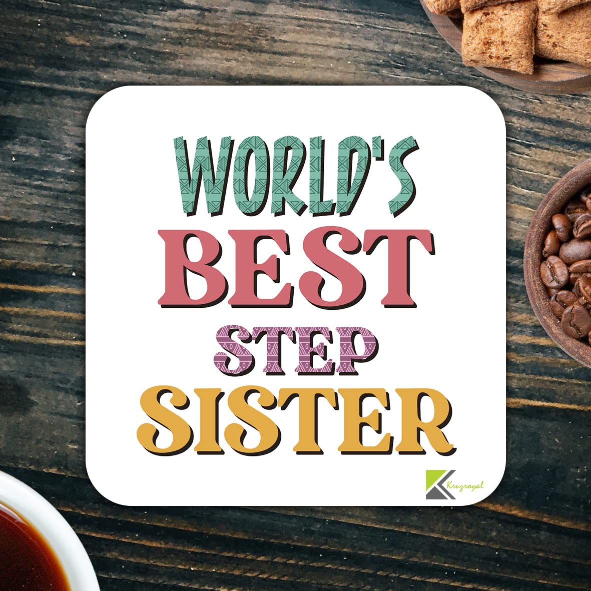 WB018 World's Best Step Sister MDF Wooden Coaster by Kruzroyal | Gift for Step Sister | Unique Novelty Present | 9cm x 9cm | Coffee Tea MDF Wooden Coaster