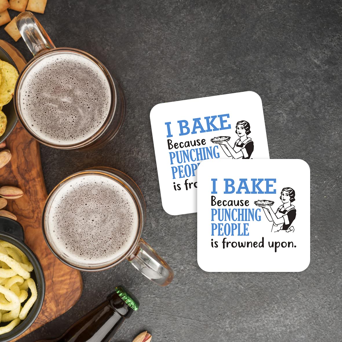CS471 I Bake Because Punching People is Frowned Upon Novelty Funny Coffee Tea Drink Gift Glossy MDF Wooden Coaster