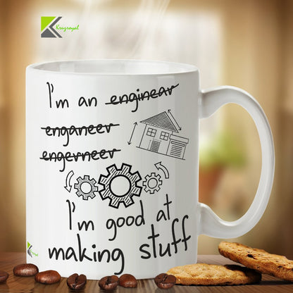 Kruzroyal Funny Engineer Mug, I'm an Engineer I'm Good At Making Stuff Design, Novelty Gift for Civil, Mechanical or Software Engineer, White Ceramic, 11 oz