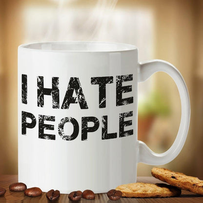 Kruzroyal Funny Sarcastic Mug, I Hate People Distressed Text Design, Novelty Gift for Introvert, Coworker or Grumpy Dad, White Ceramic Coffee Cup, 11 oz
