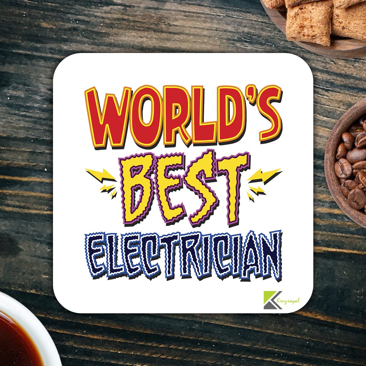 WB004 World's Best Electrician MDF Wooden Coaster by Kruzroyal | Gift for Electrician | Unique Novelty Present | 9cm x 9cm | Coffee Tea MDF Wooden Coaster