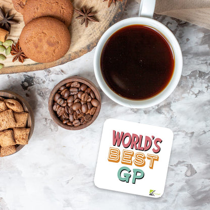 WB080 World's Best GP MDF Wooden Coaster by Kruzroyal | Gift for GP | Unique Novelty Present | 9cm x 9cm | Coffee Tea MDF Wooden Coaster
