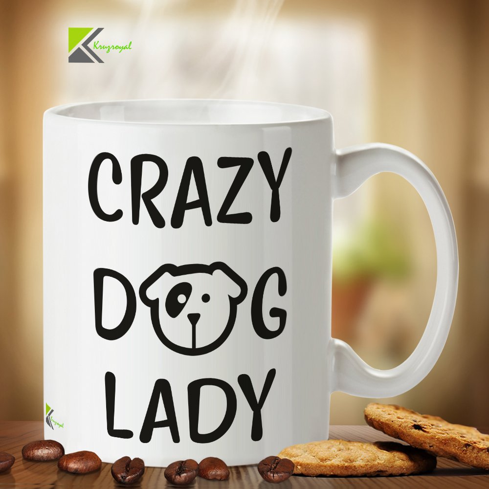 Kruzroyal Crazy Dog Lady Mug, Minimalist Dog Face Design, Funny Novelty Gift for Mum, Sister or Friend, White Ceramic Coffee Cup, 11 oz Novelty Great Gift Idea Coffee Tea Mug