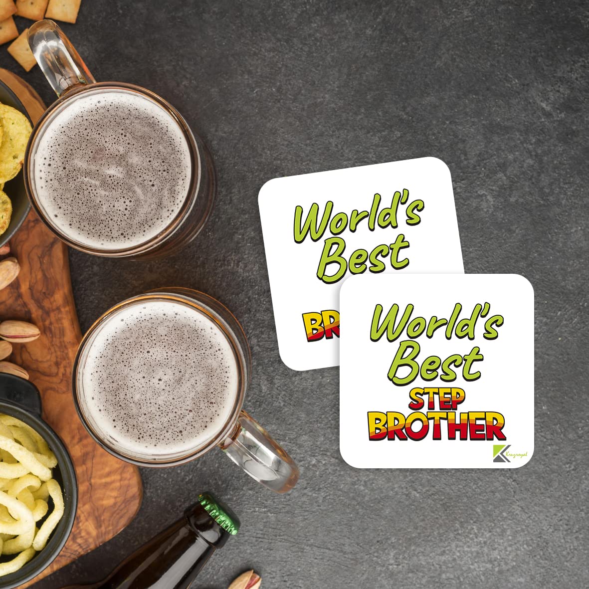 WB017 World's Best Step Brother MDF Wooden Coaster by Kruzroyal | Gift for Step Brother| Unique Novelty Present | 9cm x 9cm | Coffee Tea MDF Wooden Coaster