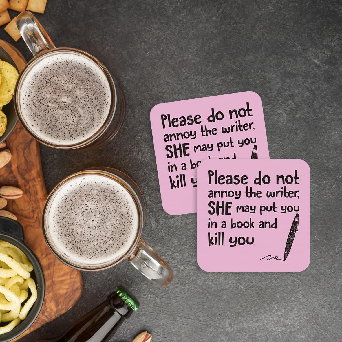 CS679 Please do not annoy the writer, She may put you in a book and kill you Novelty Funny Coffee Tea Drink Gift Glossy MDF Wooden Coaster | Gifts for Writers, Authors, Her, Book Lovers