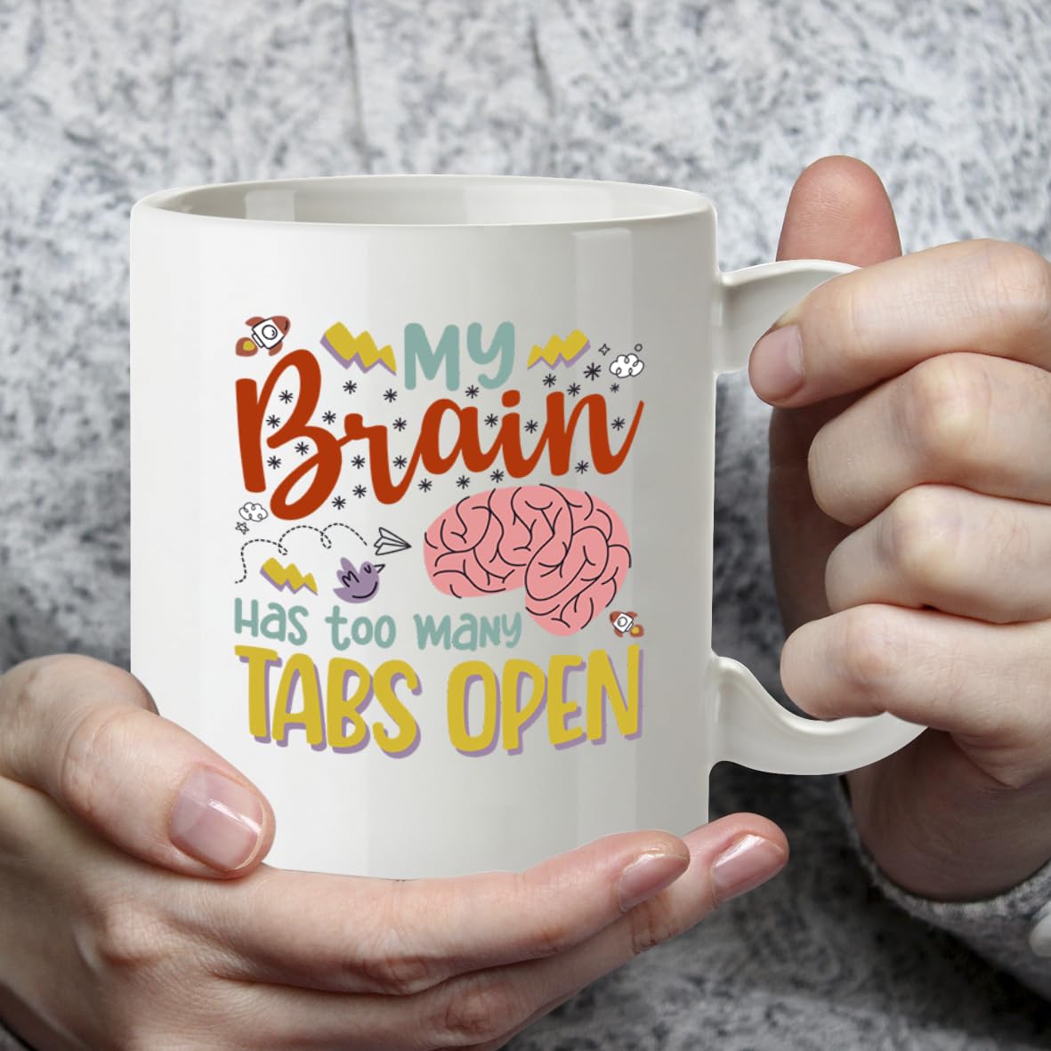 Funny Mug My Brain Has Too Many Tabs Open - 11oz Ceramic Coffee Tea Cup Gift for Office Coworkers Friends - Dishwasher Microwave Safe Novelty Present for Men Women