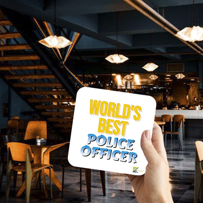 WB048 World's Best Police Officer MDF Wooden Coaster by Kruzroyal | Gift for Police Officer | Unique Novelty Present | 9cm x 9cm | Coffee Tea MDF Wooden Coaster